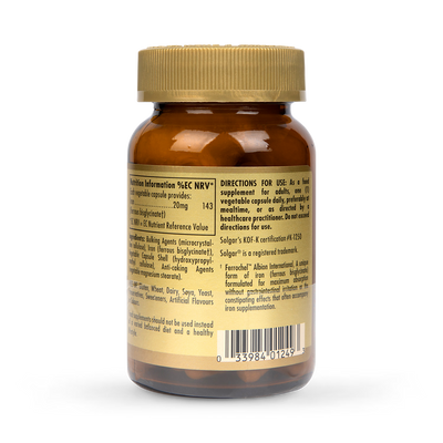 Solgar Fer Doux 20mg 90 Gélules Végétales Supplément de Fer