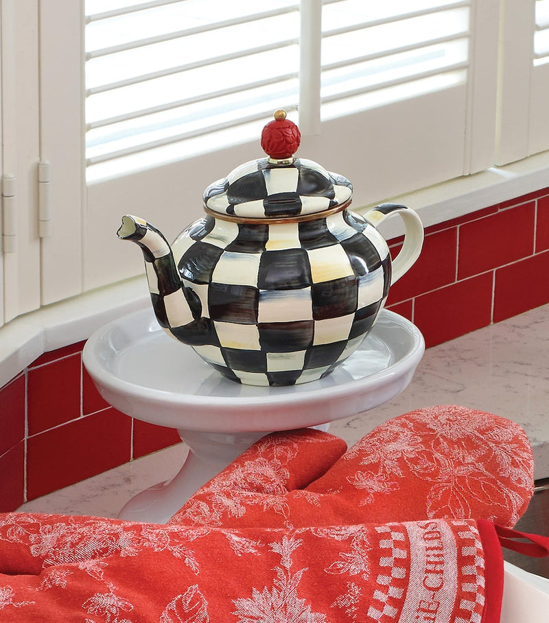 MacKenzie-Childs Courtly Check teapot with hand-painted black and white pattern, 950ml, imported from the UK