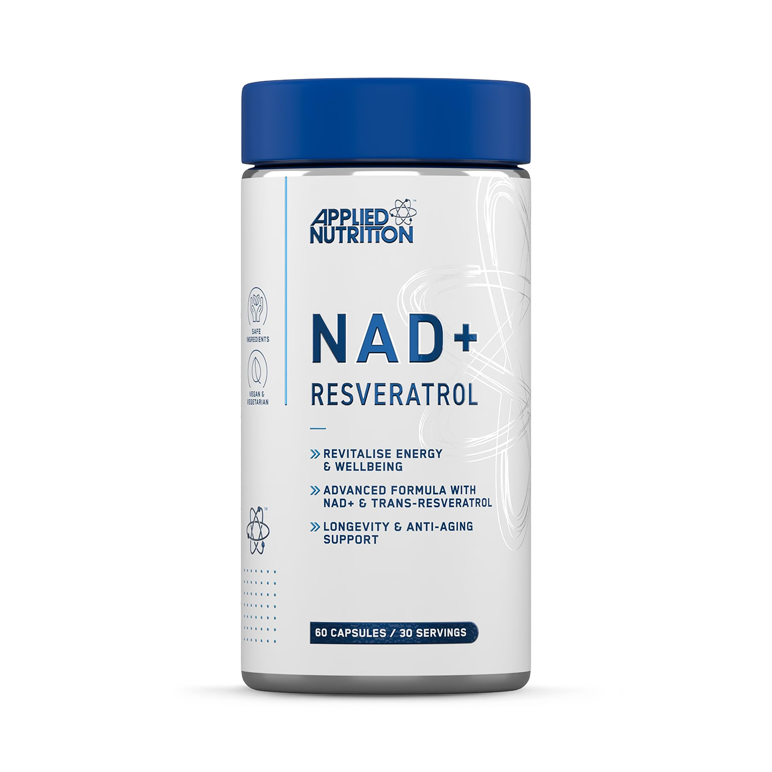 Applied Nutrition NAD+ trans-resveratrol supplement 60 capsules (British brand)