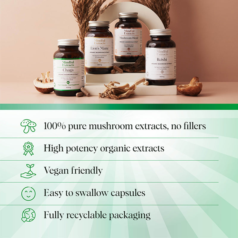Mindful Extracts Chaga Mushroom Capsules 60, imported from the UK