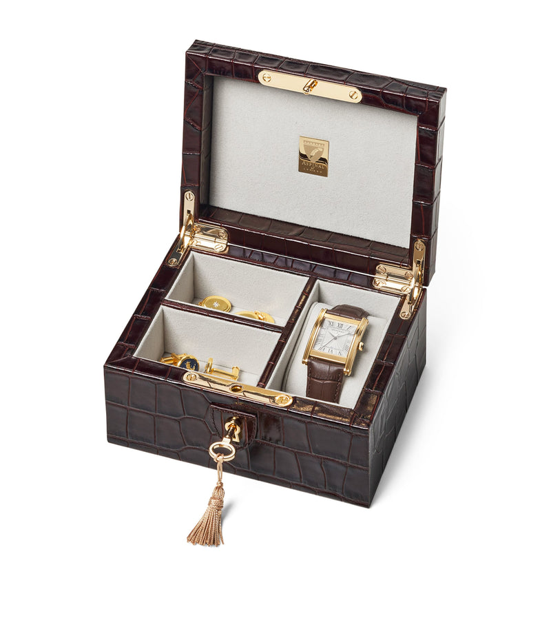 Aspinal of London leather croc-embossed watch and cufflinks box - British product