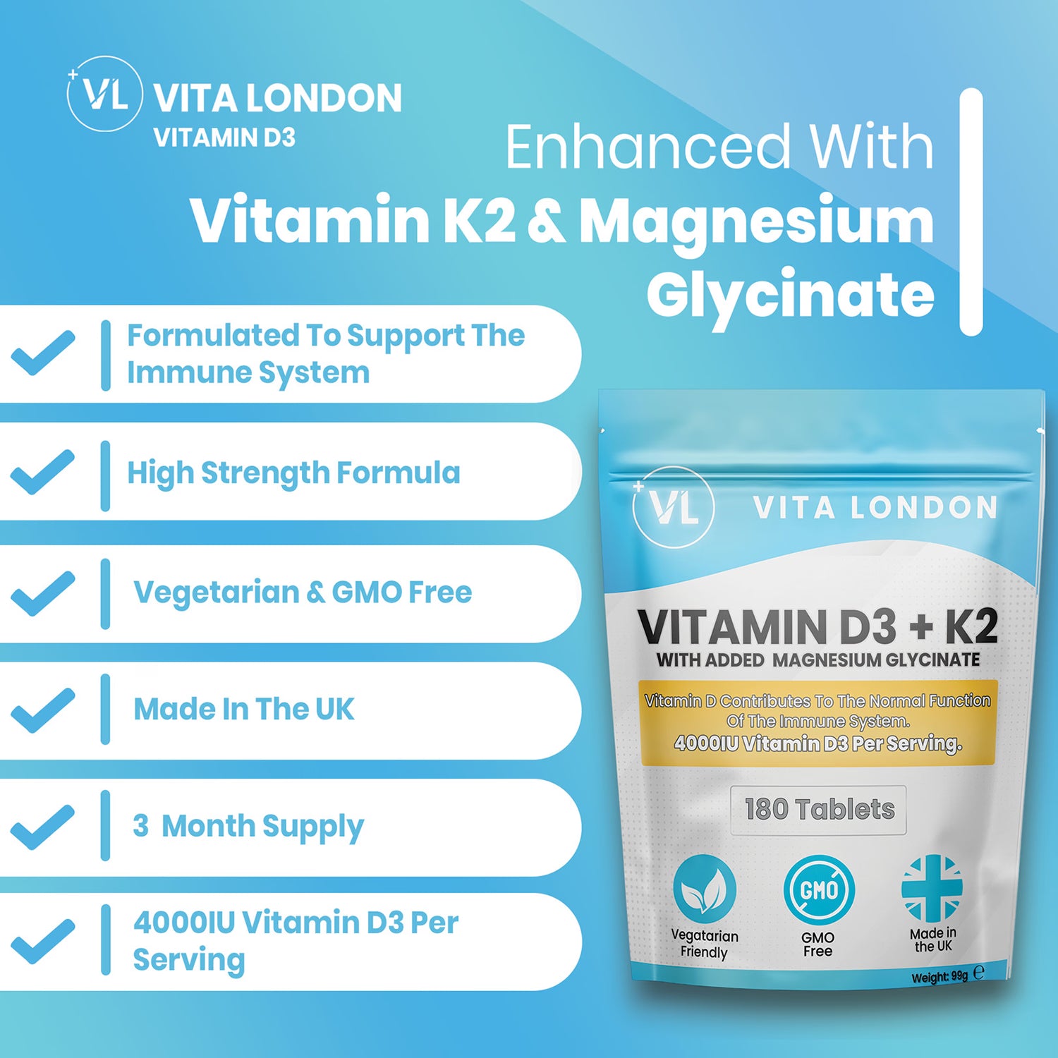 Vitamin D3 K2 supplement 4000IU 180 tablets - British product