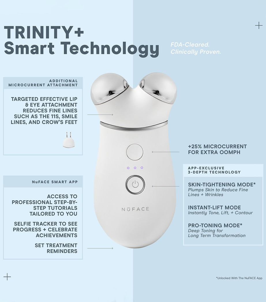 Nuface Trinity+ Starter Kit facial toning device with attachments and serums, imported from the UK