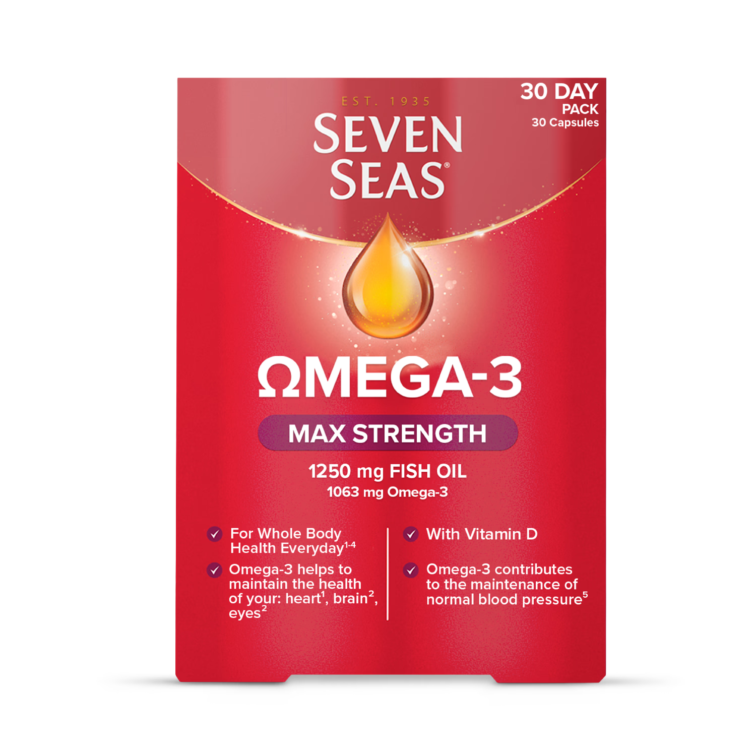 Seven Seas Omega-3 max strength 30 capsules, imported from the UK