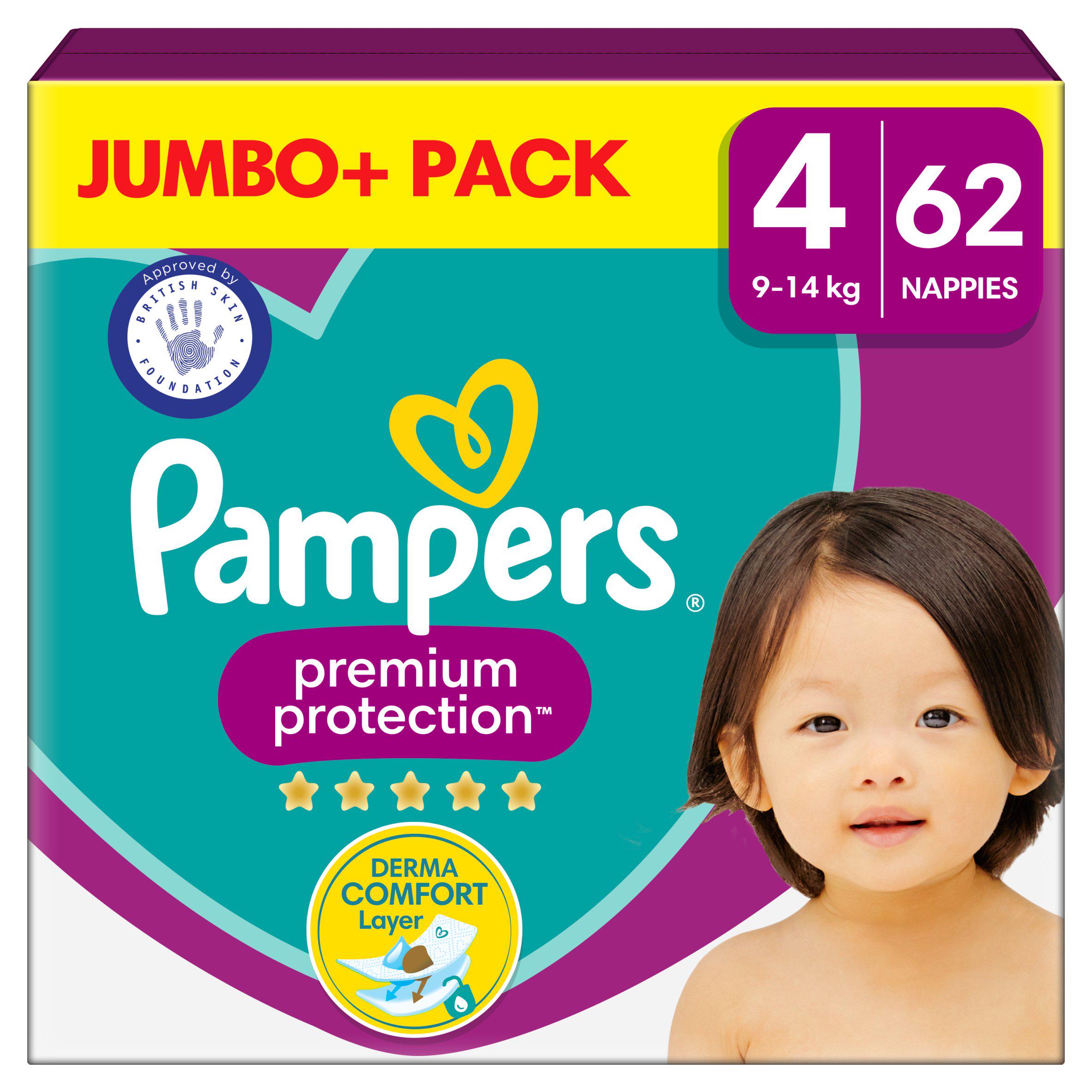 Pampers Premium Protection Jumbo+ Pack Nappies Size 4, 9kg-14kg x62 big packs Sainsburys   