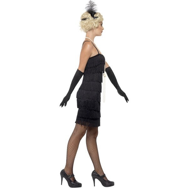 Smiffys flapper costume black short dress with headband and gloves, imported from the UK