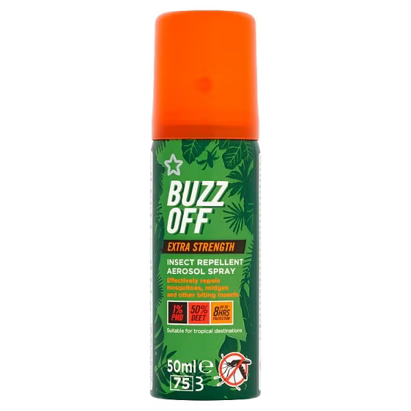 Superdrug Buzz Off extra strength insect repellent aerosol (British brand)