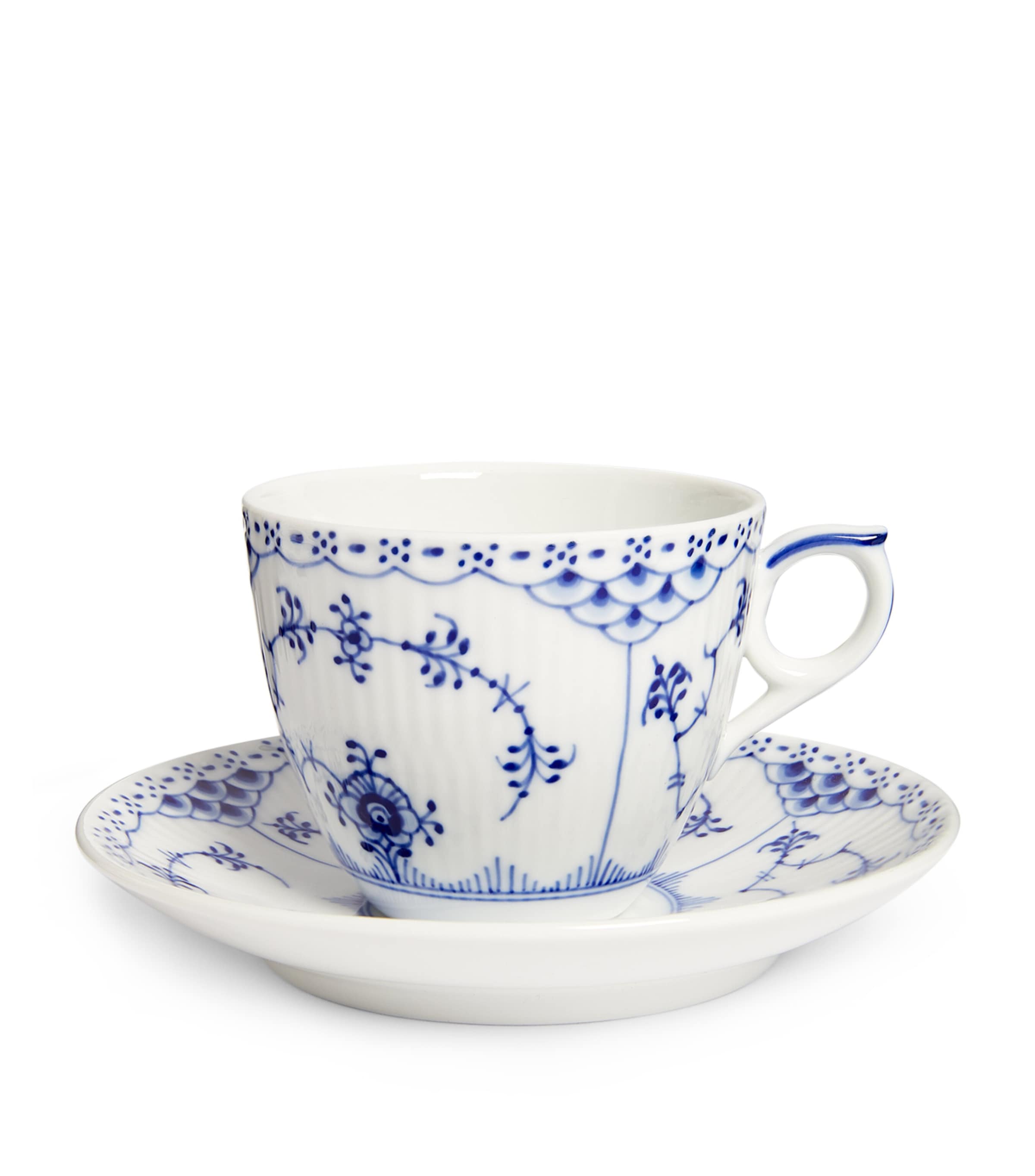 Royal Copenhagen Blue Fluted Half Lace porcelain teacup and saucer, imported from the UK