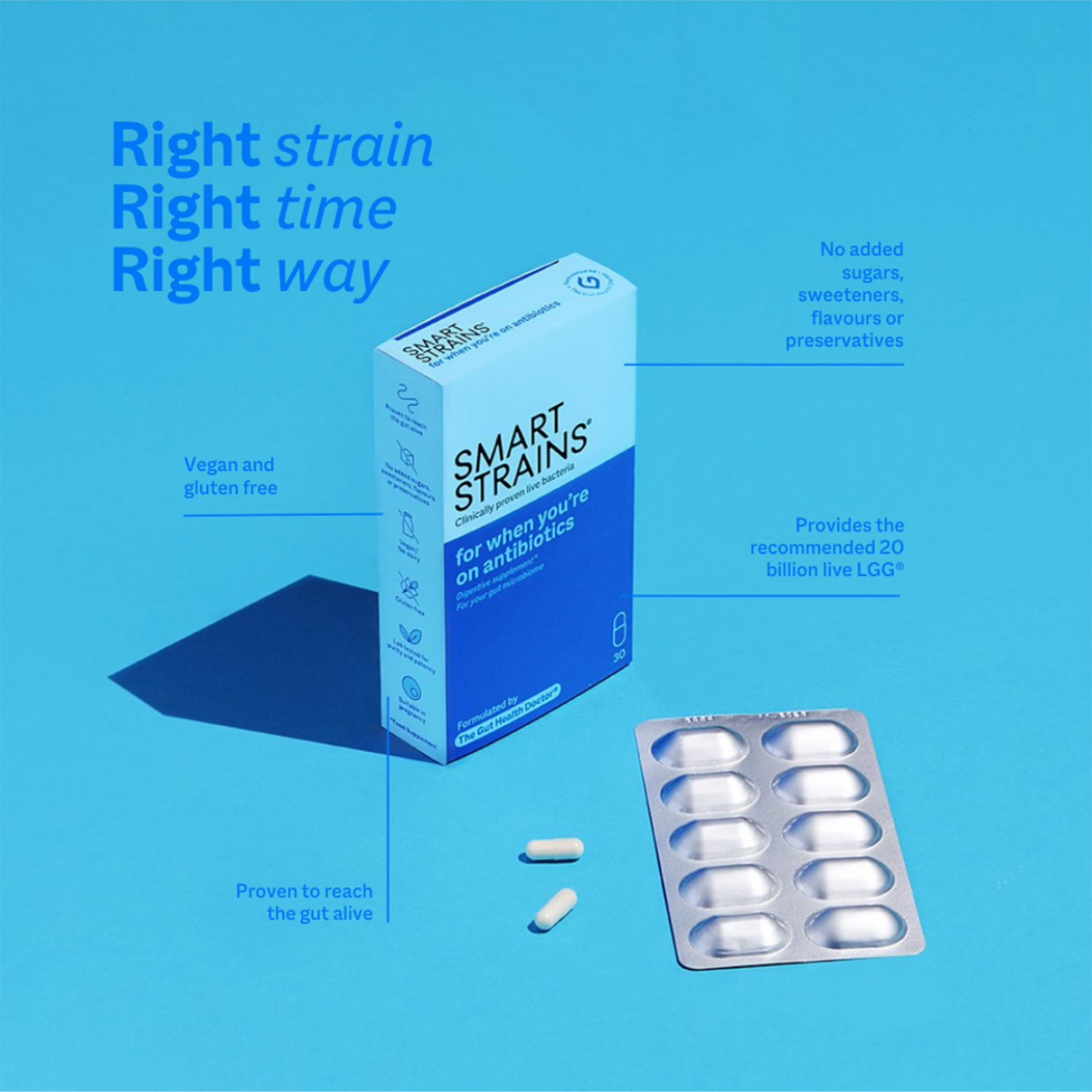 Smart Strains probiotic supplement for antibiotics and travel 30 capsules, UK version