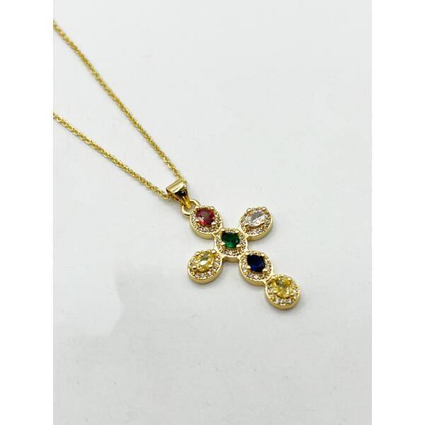 SVNX cross pendant necklace multicoloured stones gold one size (British brand)