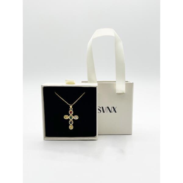 SVNX cross pendant necklace multicoloured stones gold one size (British brand)