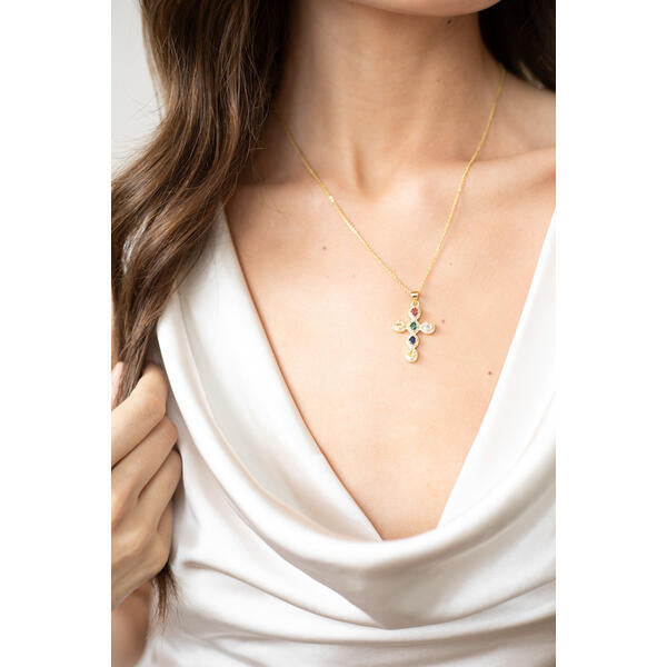 SVNX cross pendant necklace multicoloured stones gold one size (British brand)