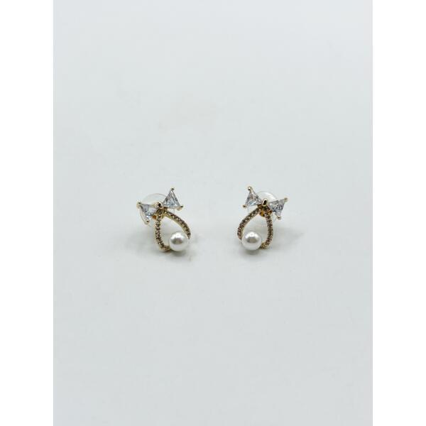 SVNX studded bow earrings with hanging pearl in gold, UK version