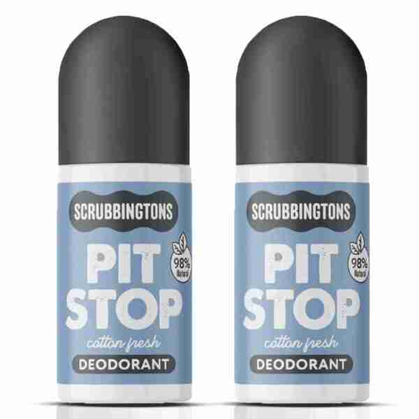 Scrubbingtons Pit Stop Cotton Fresh deodorant 75ml duo pack, imported from the UK