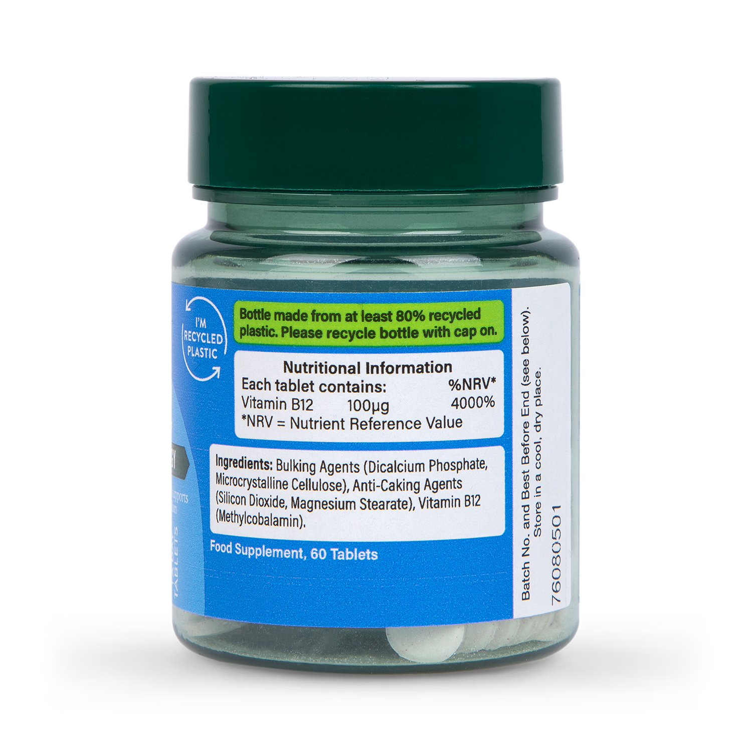Holland & Barrett vitamin B12 supplement 100µg 60 tablets, imported from the UK