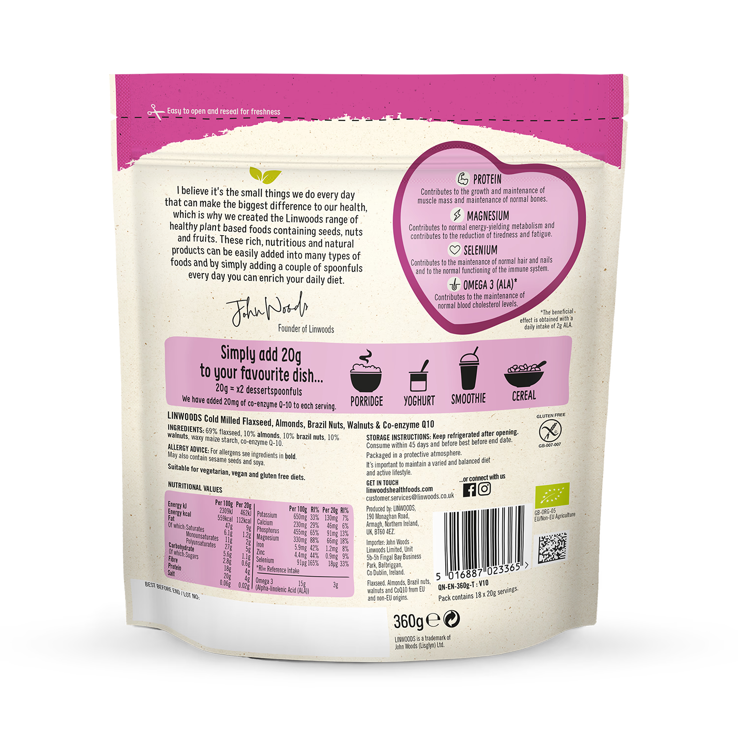 Linwoods Milled Flaxseed Blend with Nuts 360g, imported from the UK
