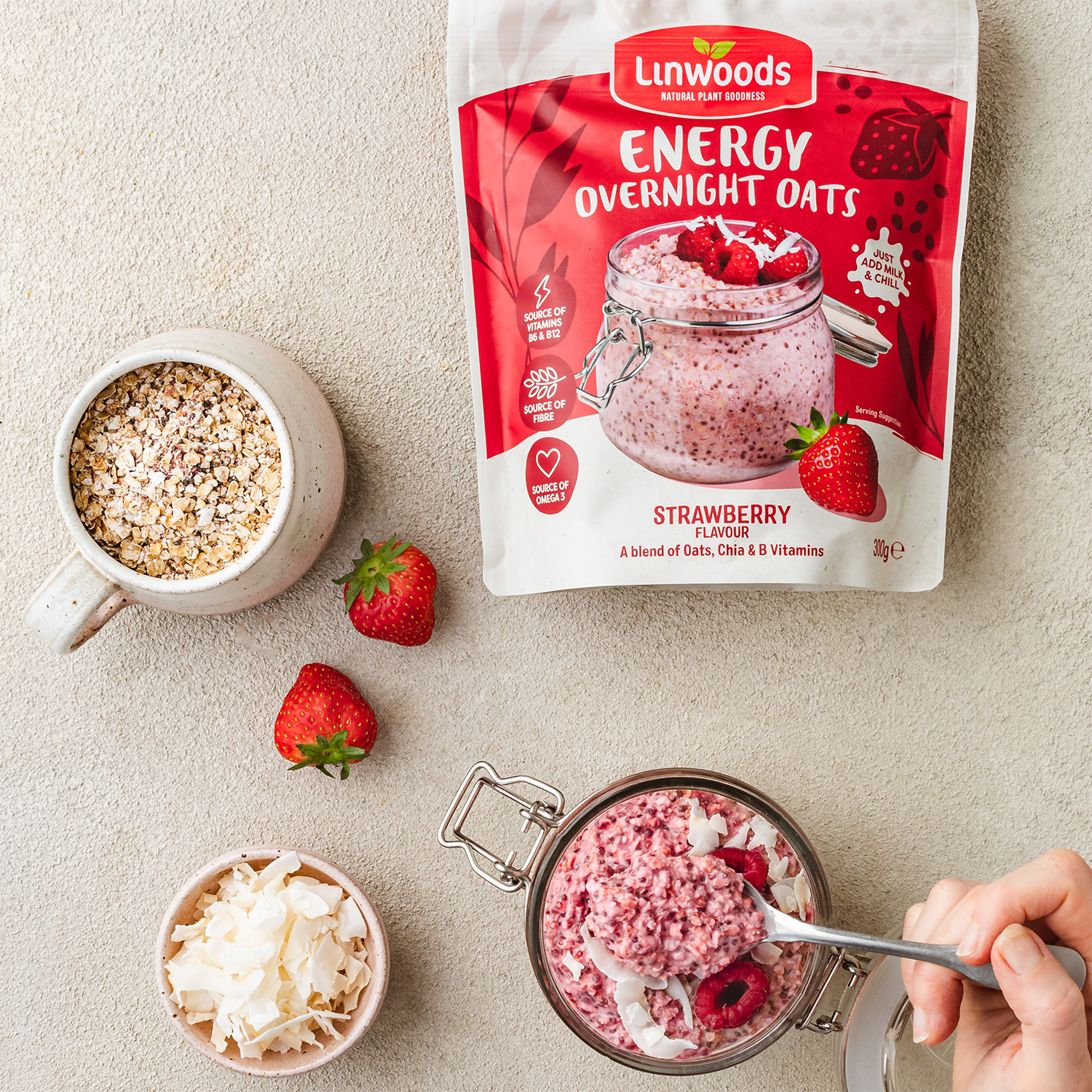Linwoods overnight oats strawberry energy 300g (British brand)