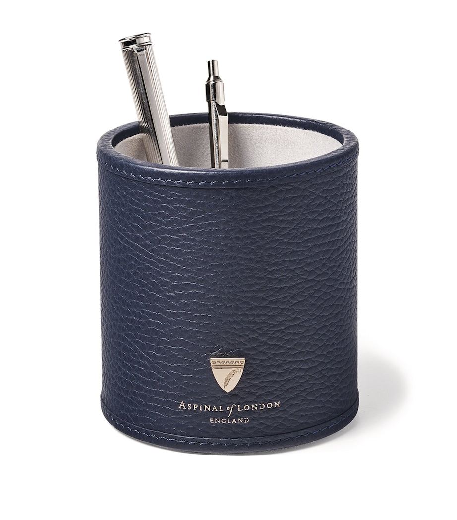 Aspinal Of London round leather pen pot, 10cm x 9cm - British product