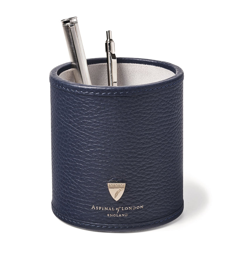 Aspinal Of London round leather pen pot, 10cm x 9cm - British product