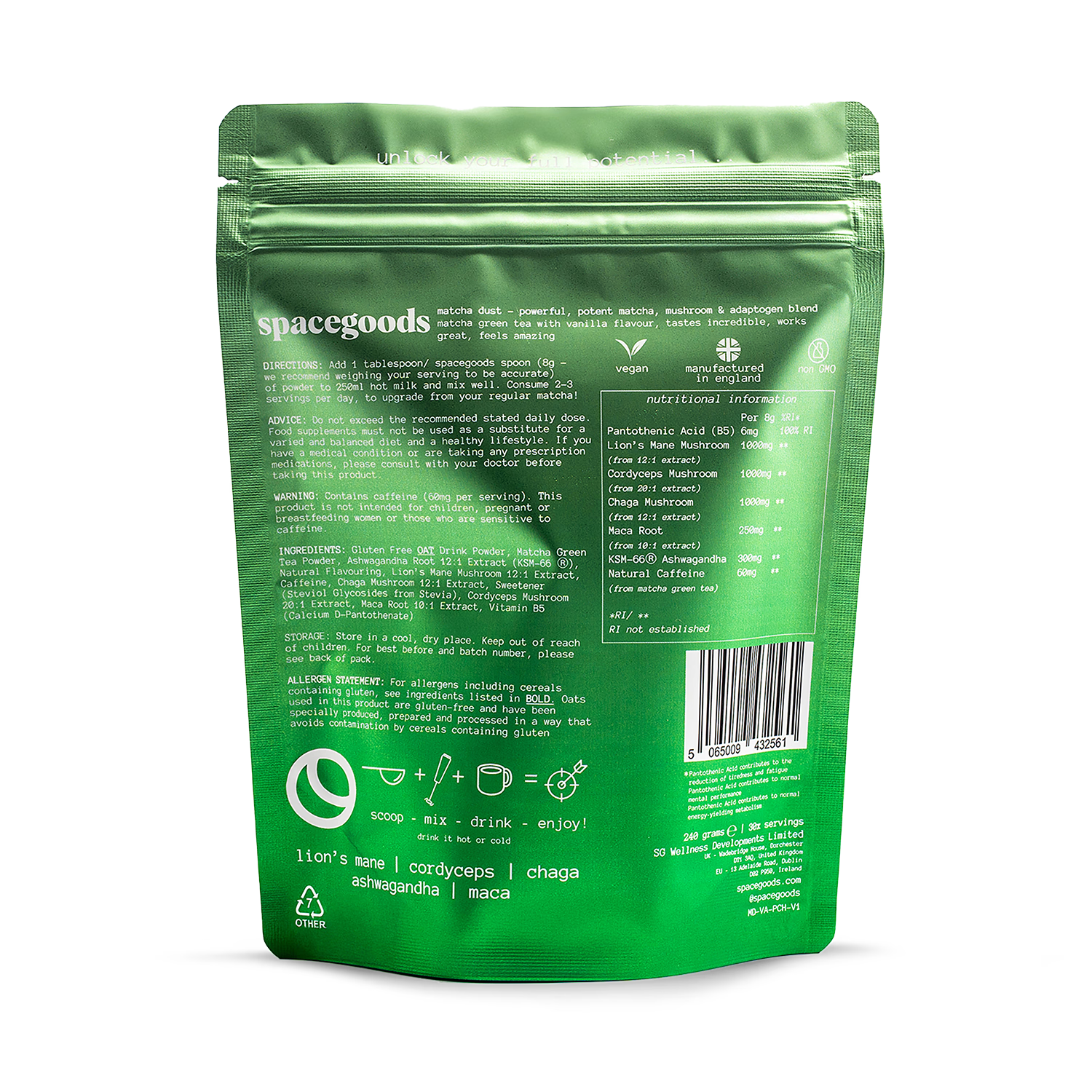 Spacegoods Matcha Dust superfood blend 240g (British brand)
