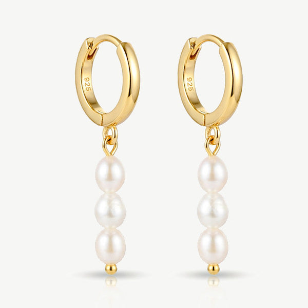 MUCHV gold small hoop earrings with natural baroque pearl charms (British brand)