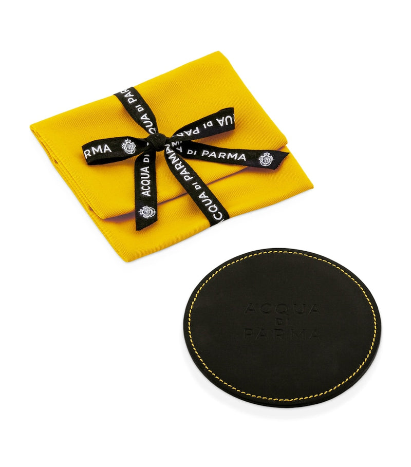 Acqua di Parma leather candle base with yellow stitching, imported from the UK