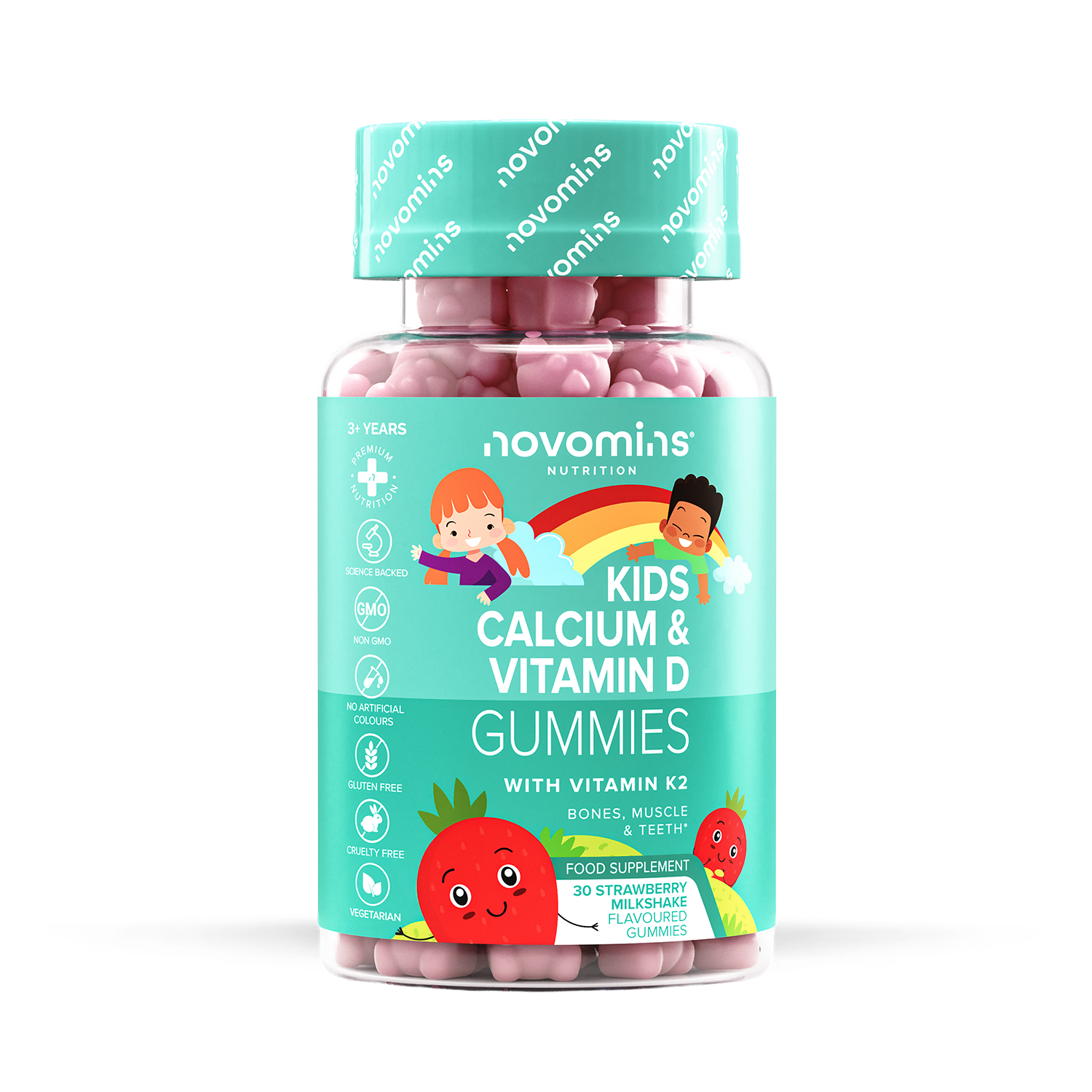 Novomins Kids Calcium Gummies Strawberry Milkshake 30 Pack, imported from the UK