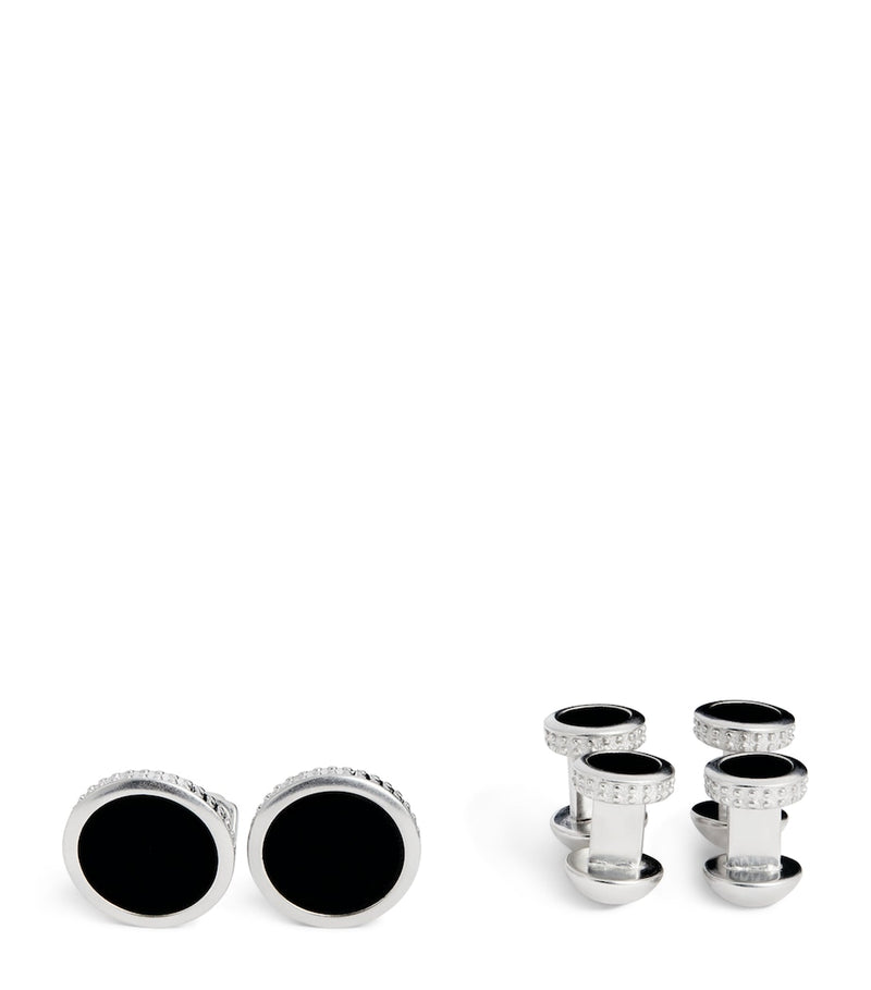 Tateossian black agate cufflinks and stud set (British brand)