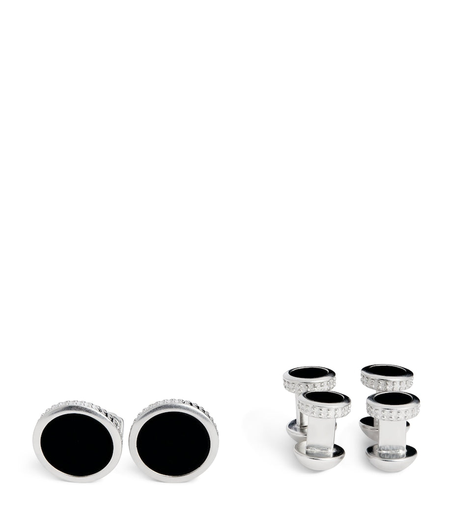 Tateossian black agate cufflinks and stud set (British brand)