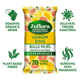 Zoflora Lemon Zing Antibacterial Multi-surface Wipes   70 per pack