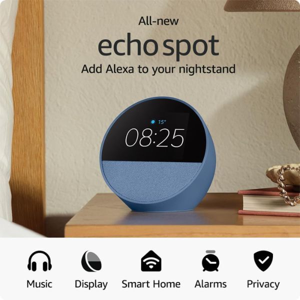 Amazon Echo Spot 2024 Ocean Blue smart alarm clock with Alexa, imported from the UK