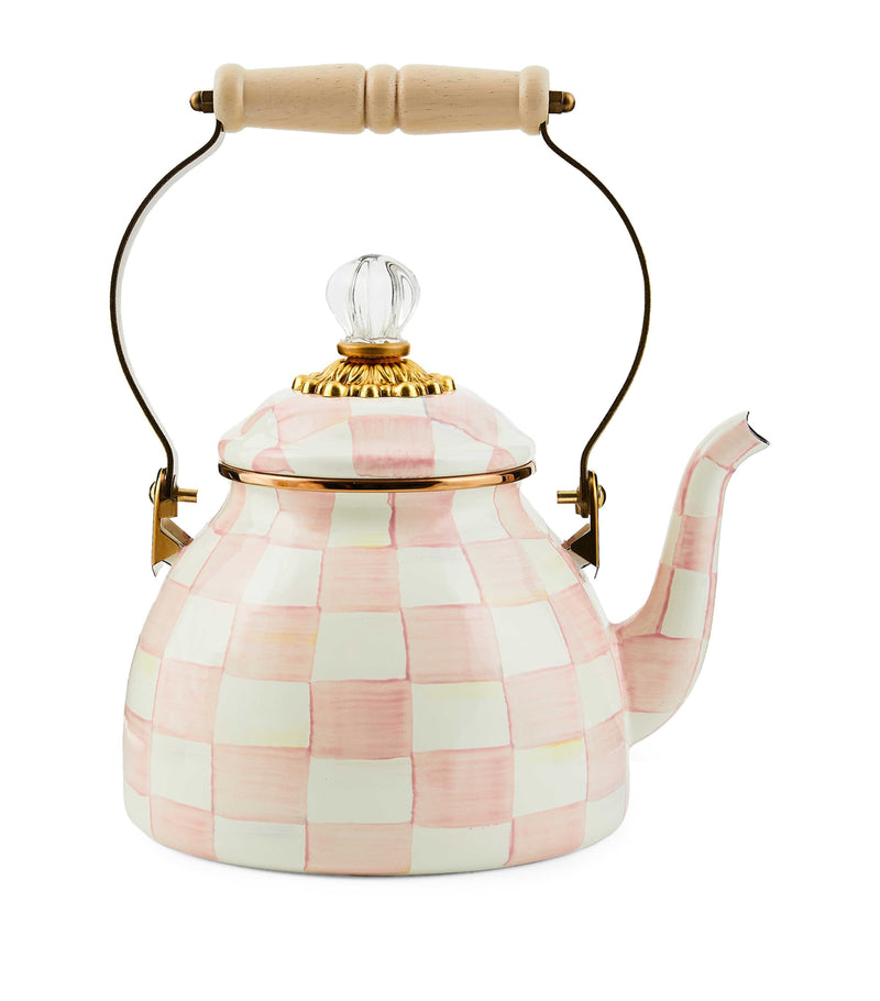 MacKenzie-Childs hand-painted enamel kettle with bronze-tone edges, 1.89L capacity, imported from the UK