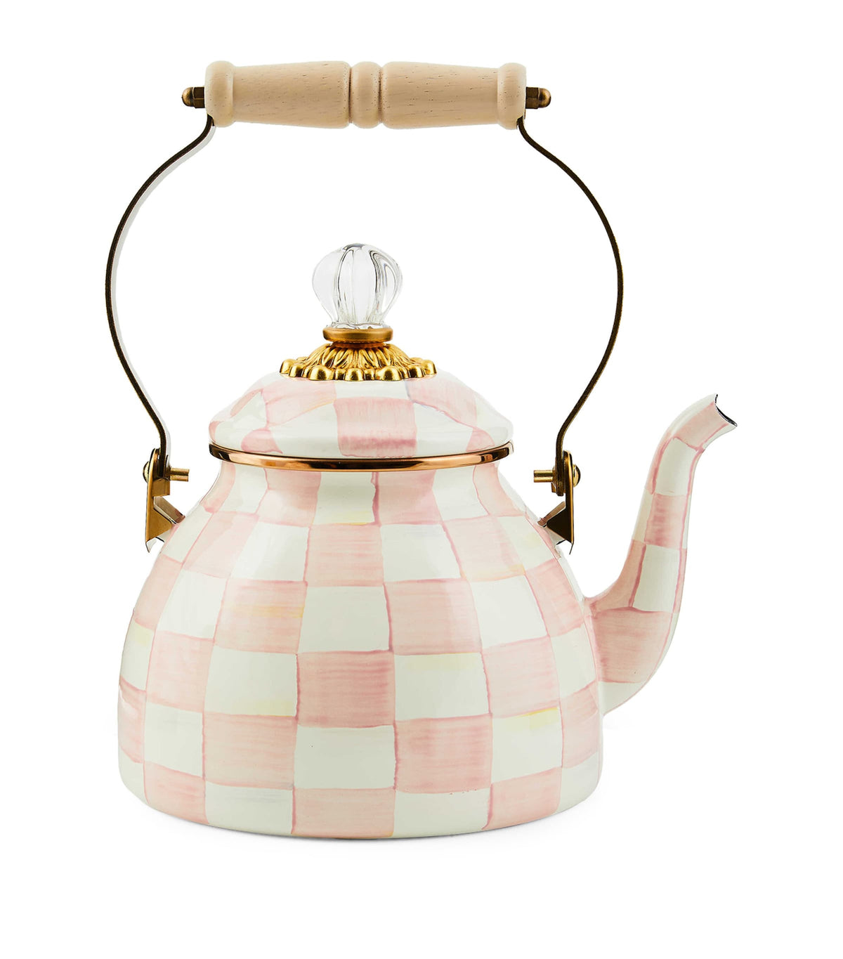MacKenzie-Childs hand-painted enamel kettle with bronze-tone edges, 1.89L capacity, imported from the UK