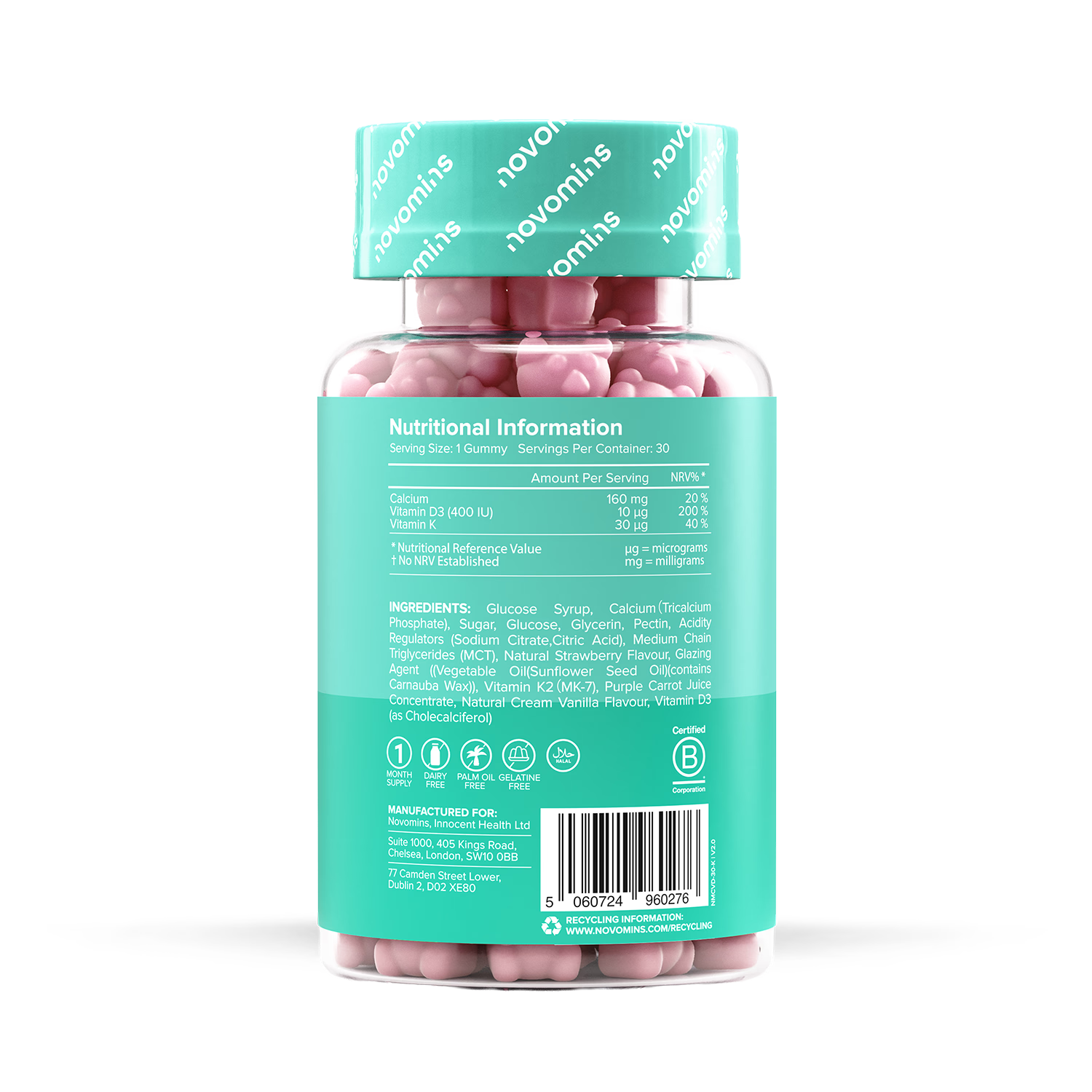 Novomins Kids Calcium Gummies Strawberry Milkshake 30 Pack, imported from the UK