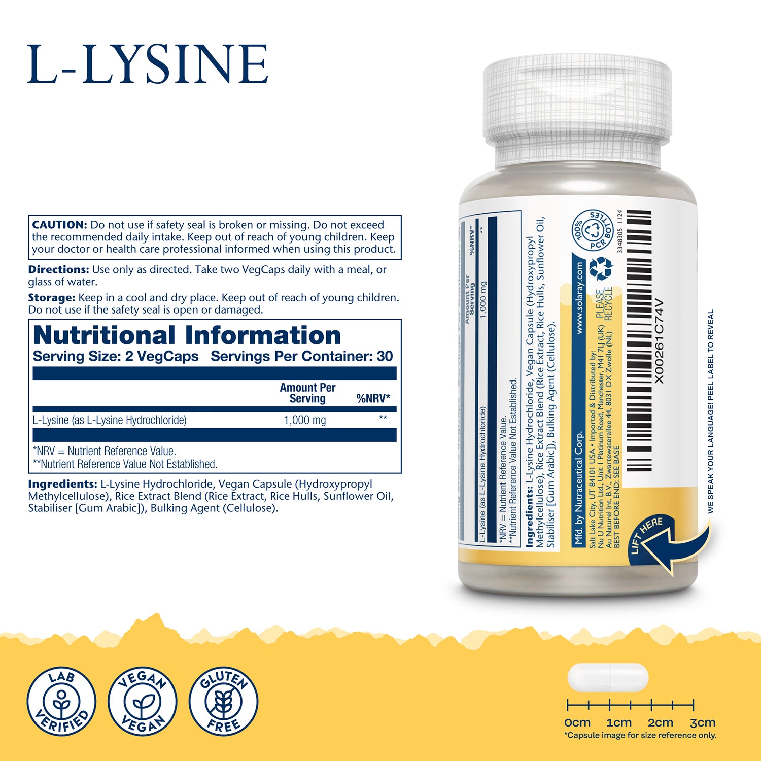 Solaray L-Lysine 1000mg 60 capsules, imported from the UK