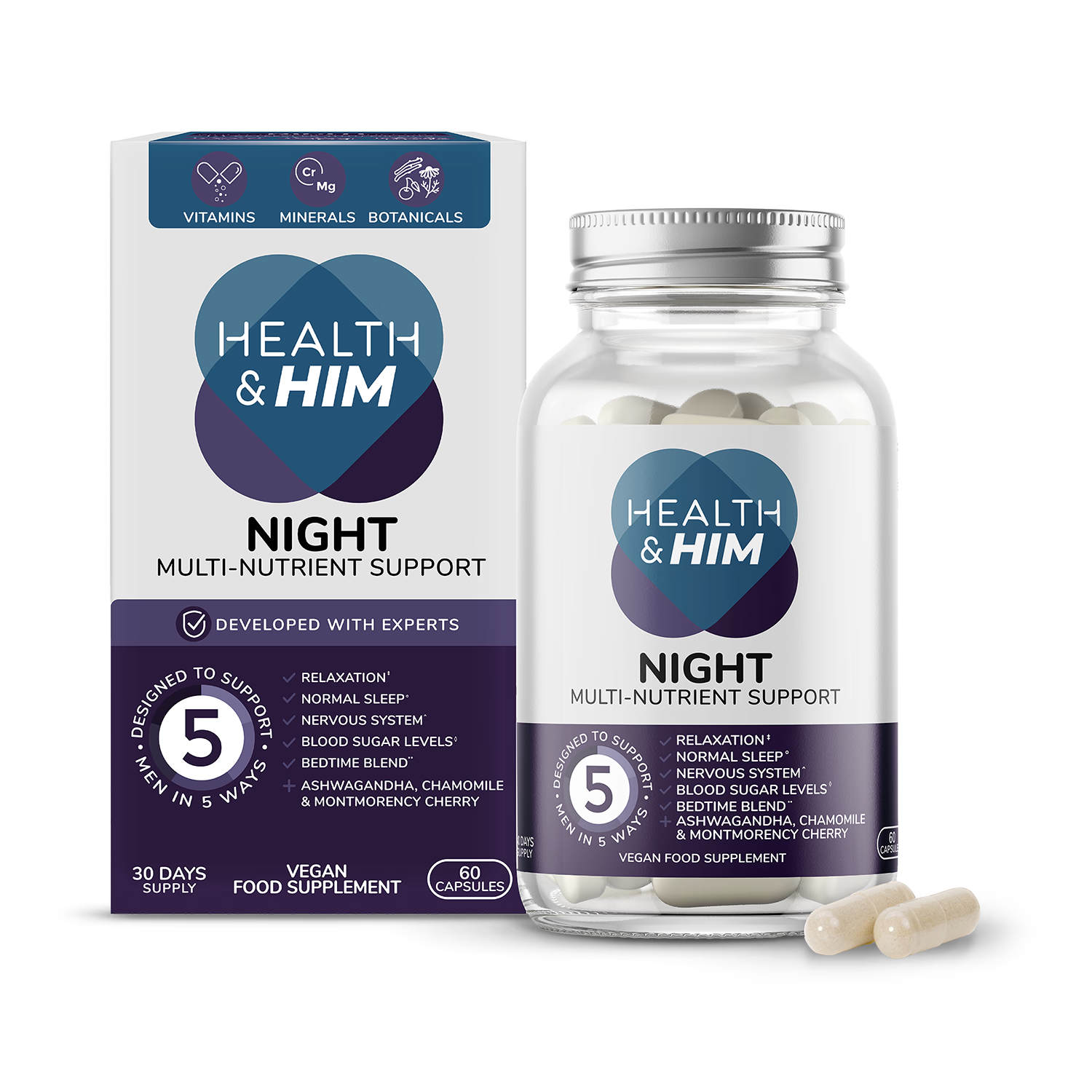 Health & Him Night multi-nutrient supplement 60 capsules, UK version