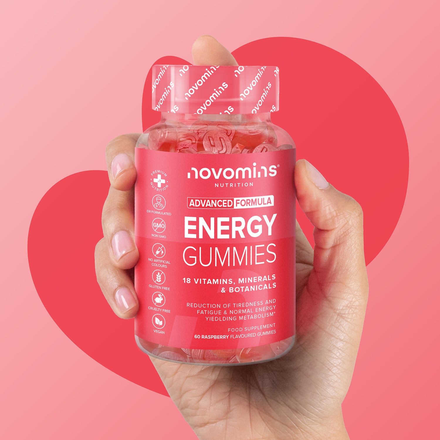 Novomins Energy Gummies Raspberry Flavour 60 Gummies, UK version