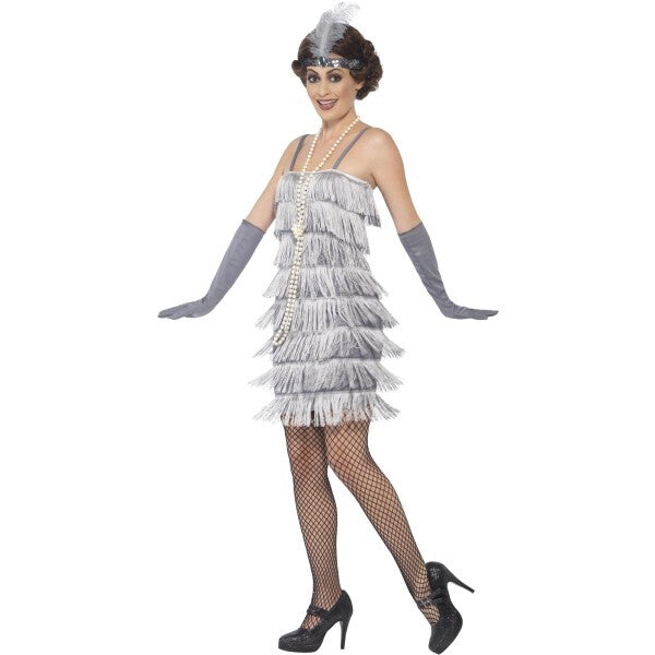 Smiffys Flapper Costume, Silver, with Short Dress