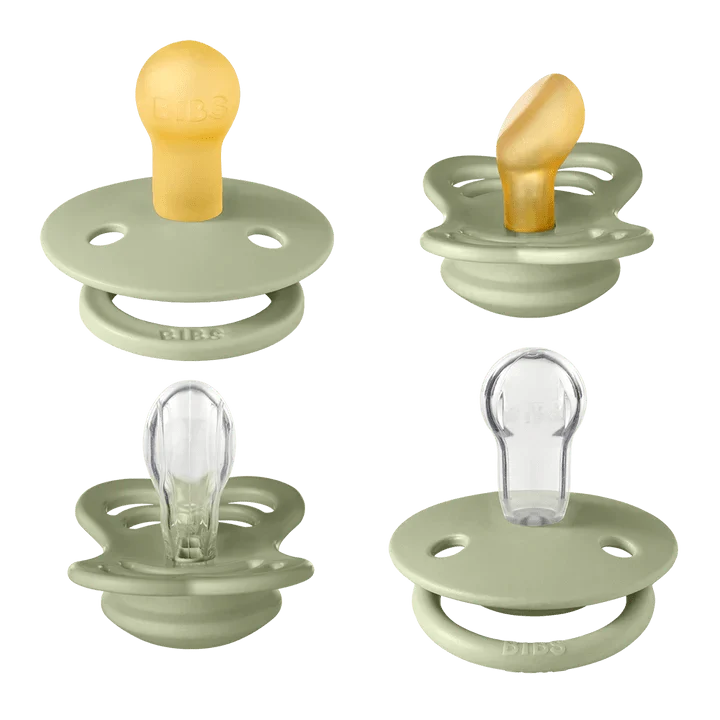 BIBS Try-It pacifier set in Sage Size 1, imported from the UK