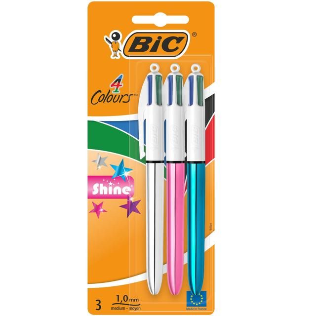 BIC 4 Colours Shine Retractable Ballpoint Pens Pack of 3