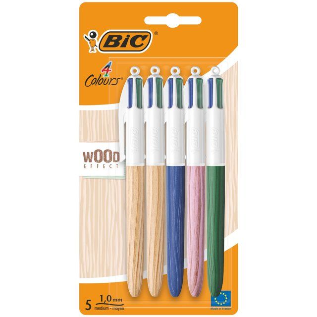 BIC 4 Colours Wood Retractable Ballpoint Pens Pack of 5   5 per pack