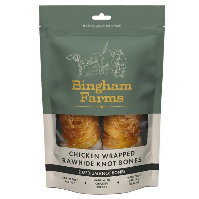 Bingham Farms Chicken Wrapped Rawhide Knot Bone Med   2 per pack