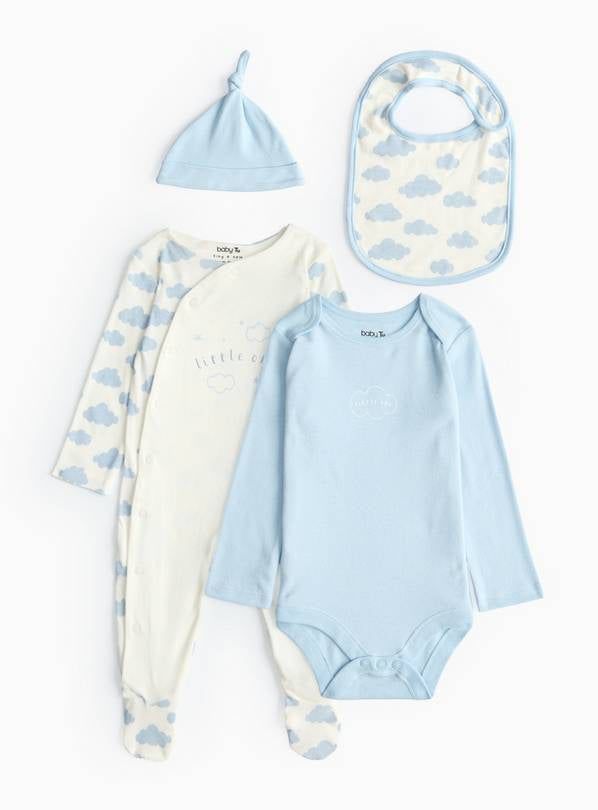 Blue Cloud Print Sleepsuit, Bodysuit, Hat & Bib Set  6-9 months