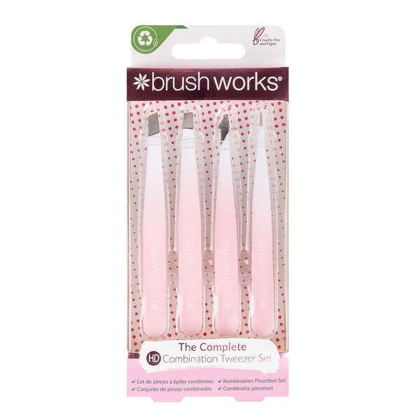 Brushworks HD 4 Piece Combination Tweezer Set - White & Pink