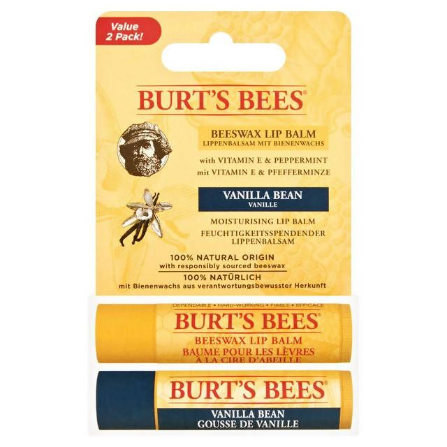 Burt's Bees 100% Natural Moisturising Lip Balm Duo Value Pack Beeswax & Vanilla Bean Tube x2 4.25g