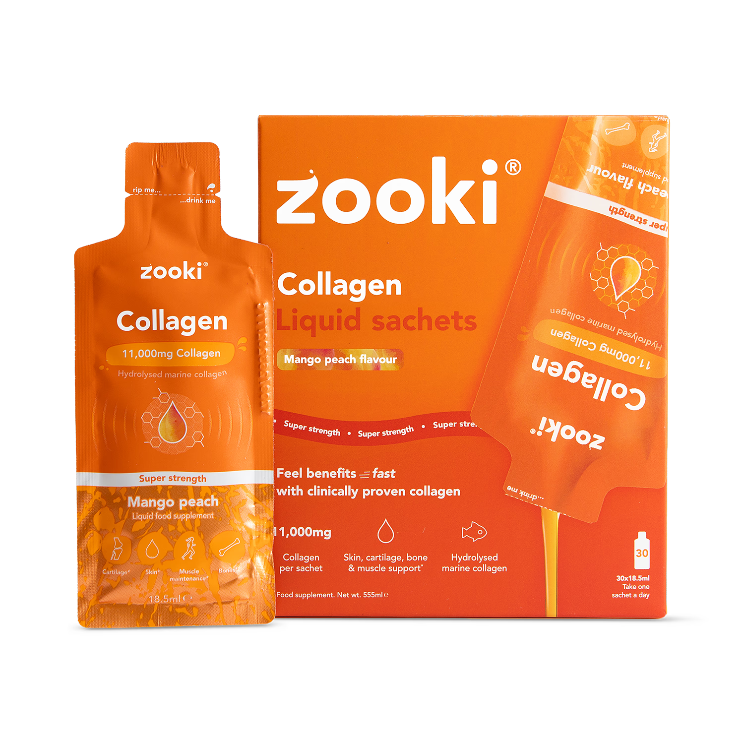 Zooki Super Strength Marine Collagen mango peach flavour 30 sachets, UK version