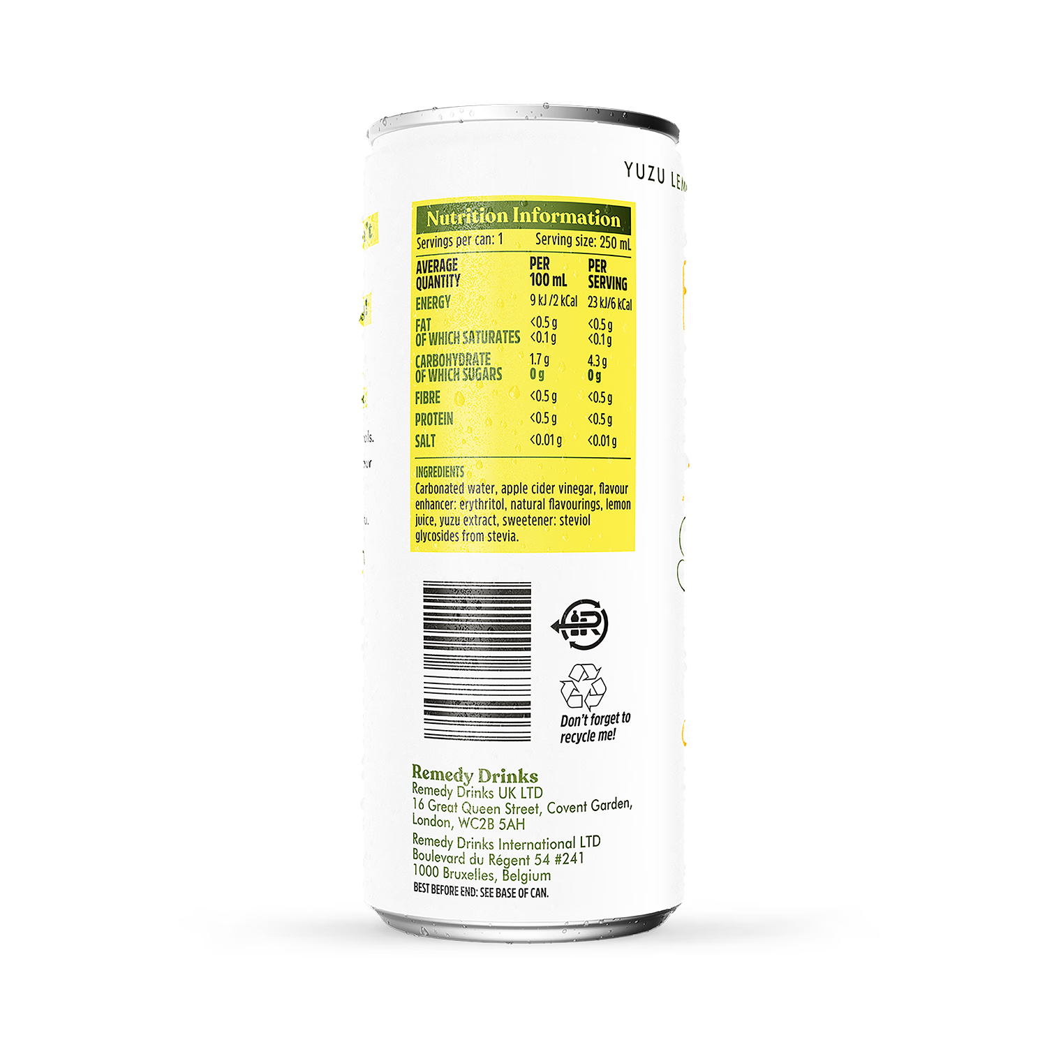 Remedy Sodaly yuzu lemon sugar free drink 250ml, imported from the UK
