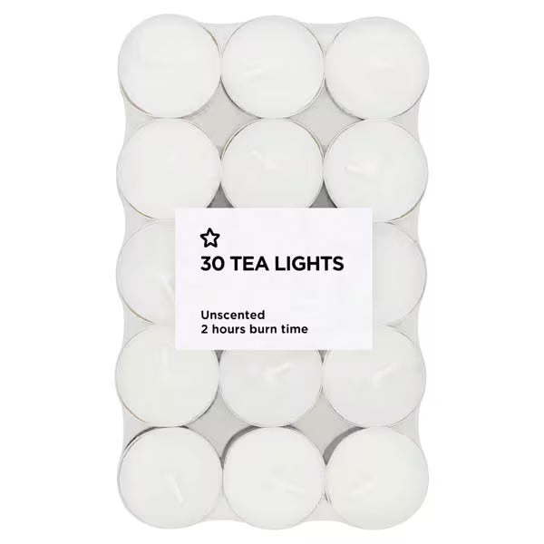 Superdrug un-fragranced tea light candles 30 pack (British brand)
