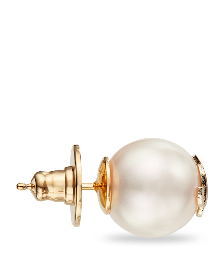 Jimmy Choo stud earrings with faux pearls and gold-tone JC logo (British brand)