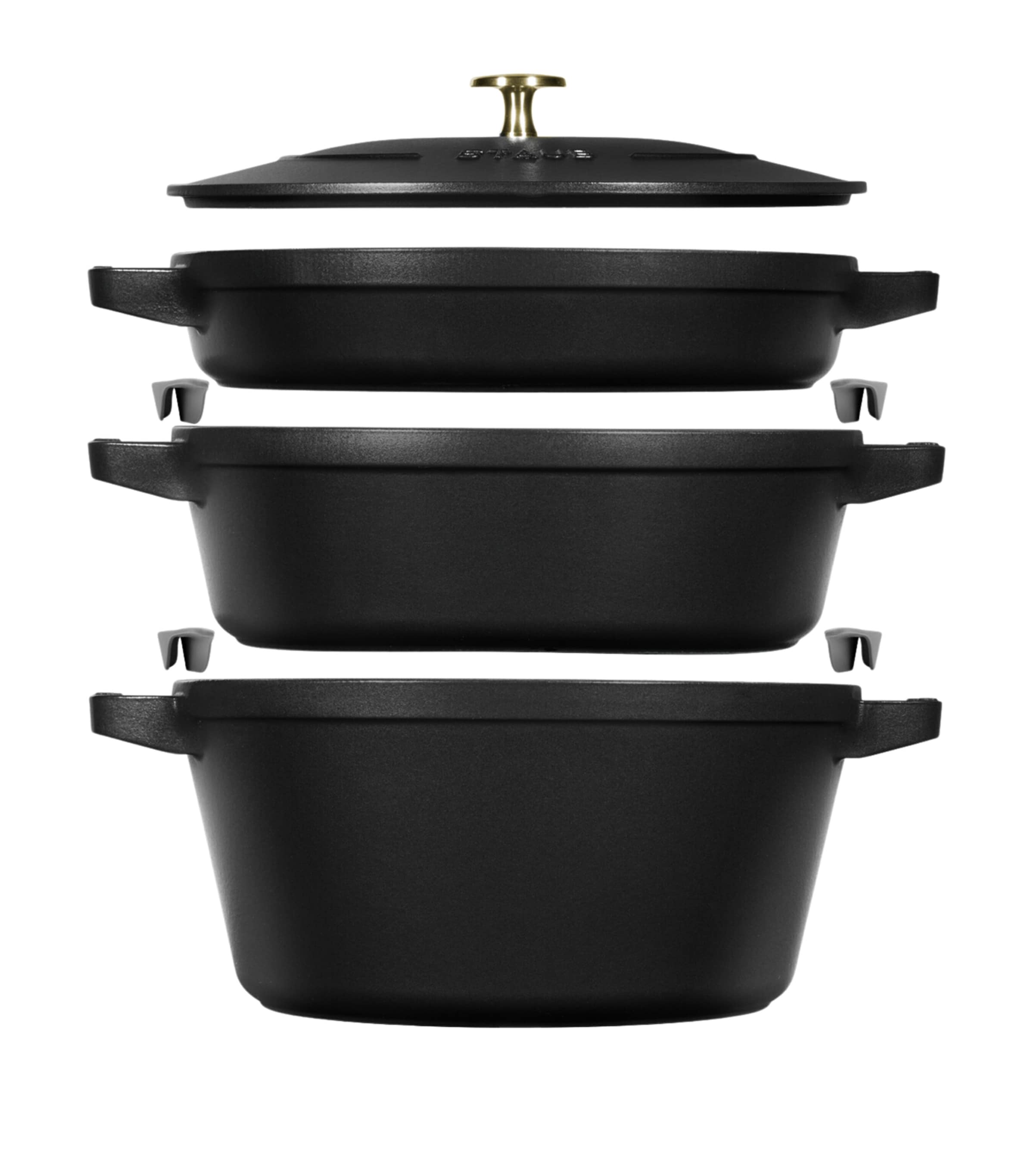 Staub 3-piece round stackable cast iron cocotte set with 1.9L, 2.9L, and 4L capacities (British brand)